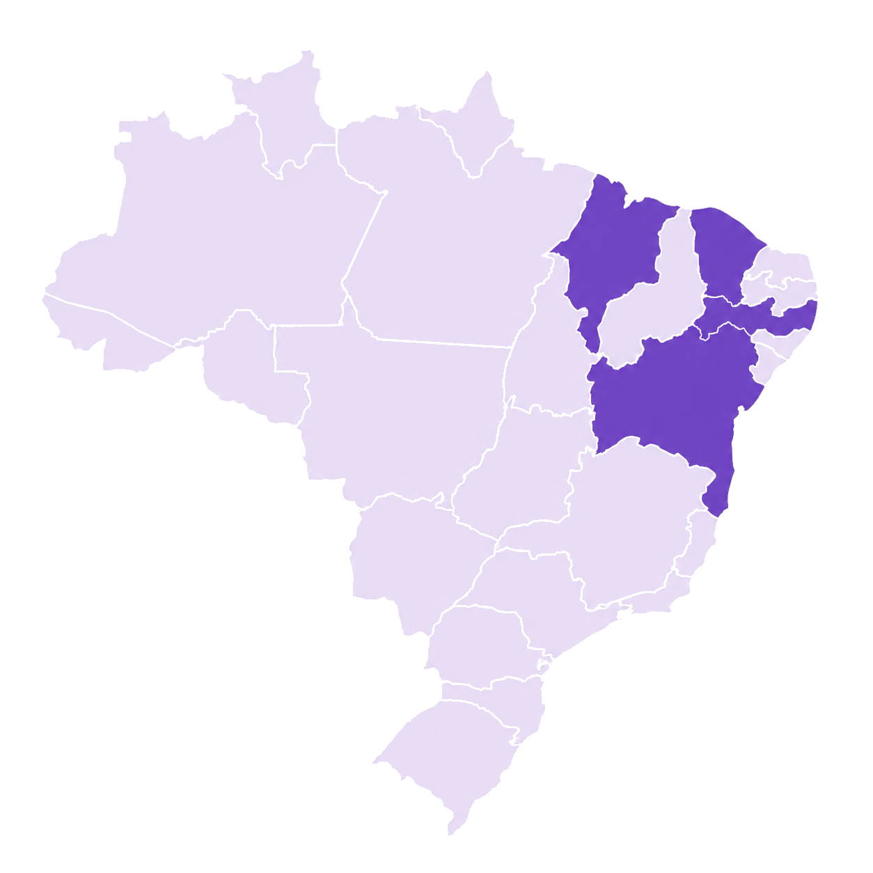 Mapa do Brasil com atuação em Ceará, Bahia, Pernambuco e Maranhão